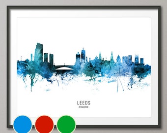 Leeds Skyline England, Cityscape Art Poster Print Blue Red Green (20550)