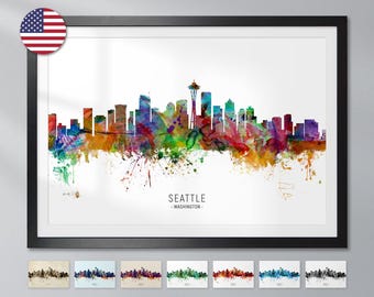 Seattle Skyline Washington, Cityscape Painting Art Print Poster - YX (6531)