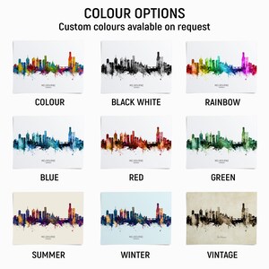 a collection of nine different color options for a cityscape, with each option represented by a unique color. The options include "COLOUR", "BLACK WHITE", "RAINBOW", "BLUE", "RED", "GREEN", "SUMMER", "WINTER", and "VINTAGE".