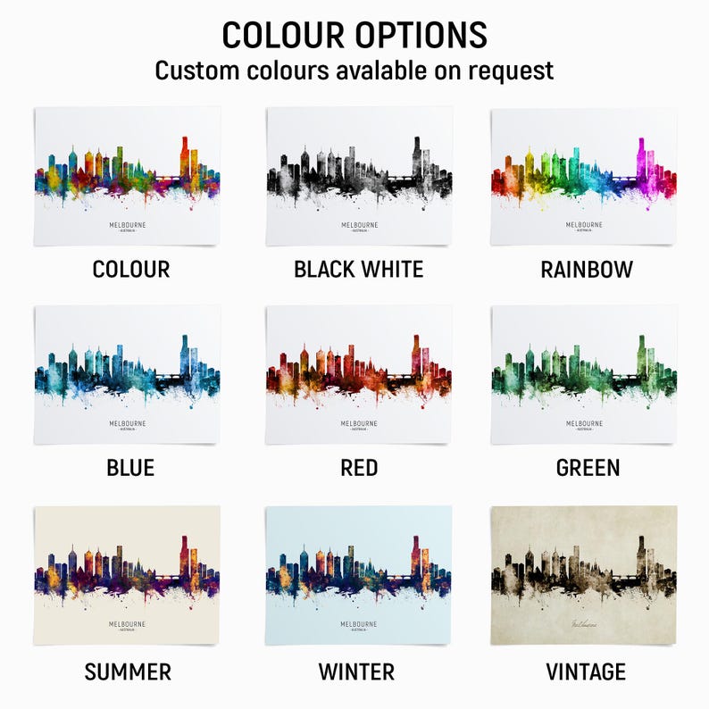 a collection of nine different color options for a cityscape, with each option represented by a unique color. The options include "COLOUR", "BLACK WHITE", "RAINBOW", "BLUE", "RED", "GREEN", "SUMMER", "WINTER", and "VINTAGE".