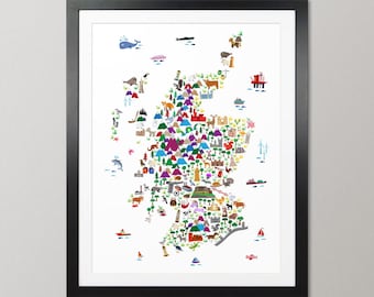 May include: A framed wall art print featuring a colorful illustrated map of Scotland. The map is filled with small, detailed icons representing local wildlife, landmarks, ships, and cultural symbols scattered across the land and surrounding waters.