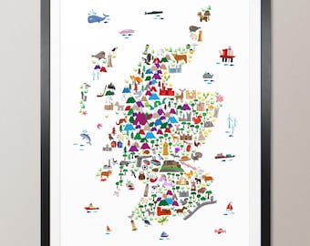 Animal Map of Scotland for children and kids, Scotland Map, Art Print Poster (2849)