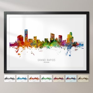 May include: A watercolor painting of the Grand Rapids skyline, Michigan. The skyline is depicted in a variety of colors, including red, orange, yellow, green, blue, and purple. The painting is set against a white background.