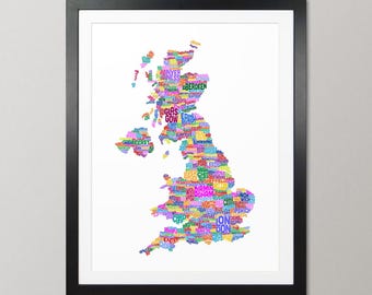 Mappa tipografica del Regno Unito, nomi delle città della Gran Bretagna, poster con stampa artistica del testo - TM (232)