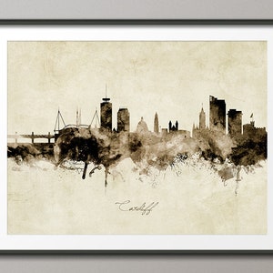Póster con impresión artística de paisaje urbano de Cardiff, Gales, sepia vintage (9045)