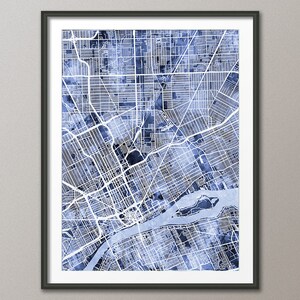 Detroit Map, Detroit Michigan Watercolor Map Painting Art Print Poster (4061)