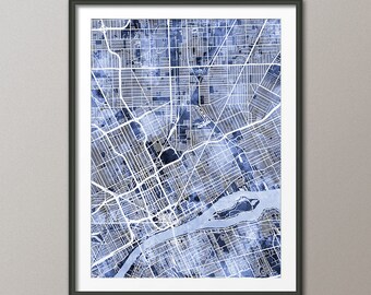 Detroit Map, Detroit Michigan Watercolor Map Painting Art Print Poster (4061)