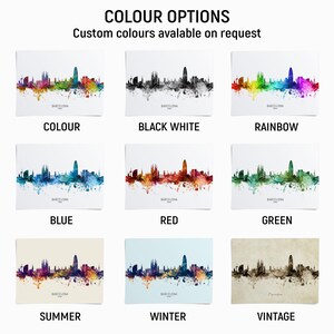 a collage of nine different color options for a Barcelona skyline, each with a unique color scheme. The options include "COLOUR", "BLACK WHITE", "RAINBOW", "BLUE", "RED", "GREEN", "SUMMER", "WINTER", and "VINTAGE".