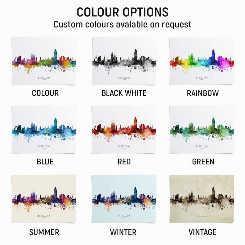 a collage of nine different color options for a Barcelona skyline, each with a unique color scheme. The options include "COLOUR", "BLACK WHITE", "RAINBOW", "BLUE", "RED", "GREEN", "SUMMER", "WINTER", and "VINTAGE".