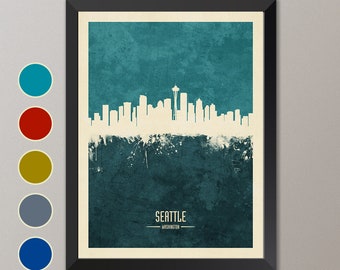 Seattle Skyline, Seattle Cityscape Washington, Cartel de impresión de arte acuarela (4235)