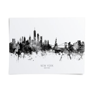The image is a black and white illustration of the New York City skyline, featuring the iconic Statue of Liberty and other prominent buildings.