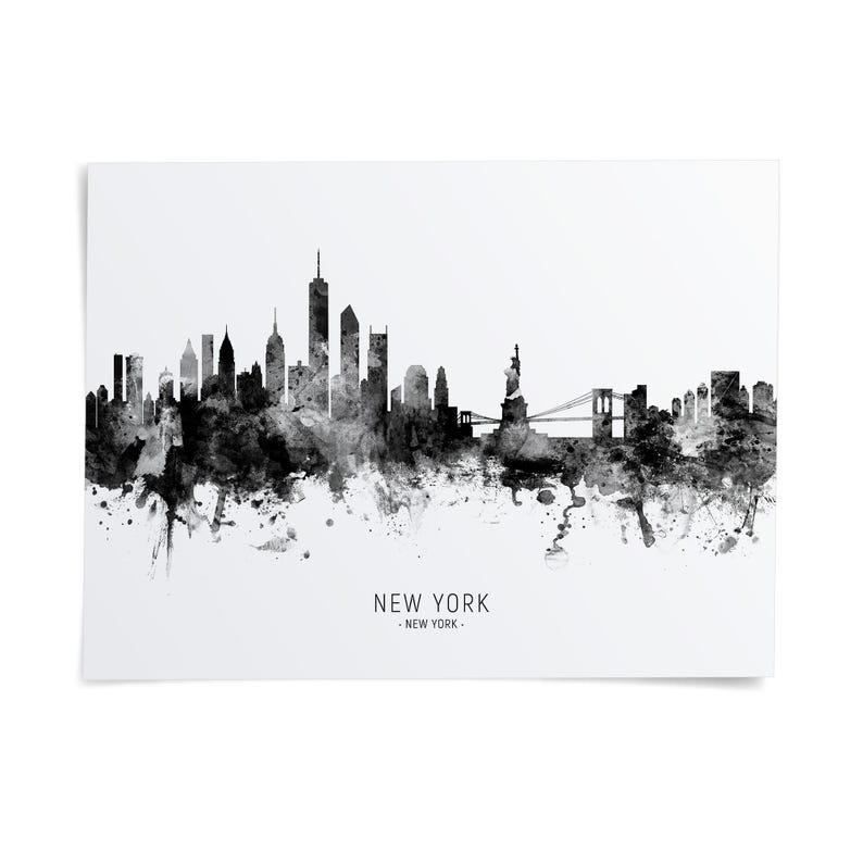 The image is a black and white illustration of the New York City skyline, featuring the iconic Statue of Liberty and other prominent buildings.