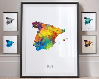 Spain Map, Watercolour Painting Art Print Poster, Portrait - MX (10942)