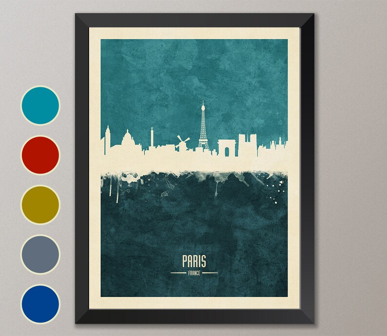May include: A teal watercolor cityscape of Paris, France. The Eiffel Tower is the tallest building in the skyline. The city name is written in white at the bottom of the image.