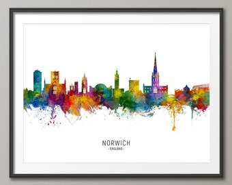 Norwich Skyline England, Cityscape Painting Art Print Poster CX (15931)