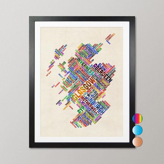 Scotland Typography Map with City Names, Colour Options, Art Print Poster - (1486)