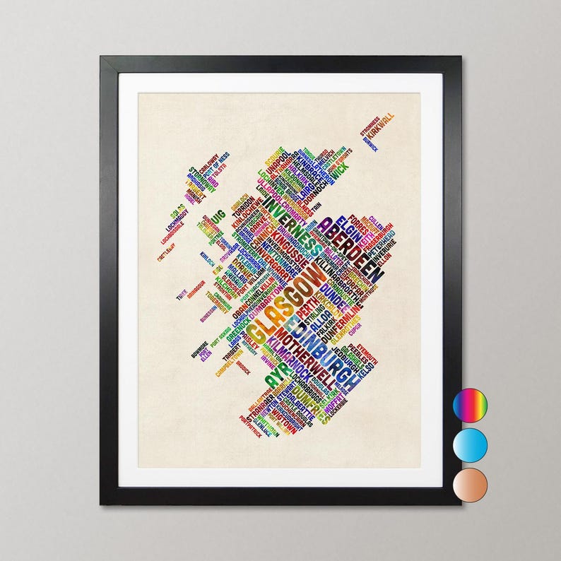 The image is a framed collage of various words and phrases, likely representing different cities or locations, arranged in a visually striking and colorful manner.