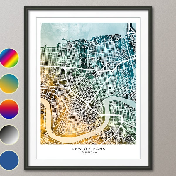 New Orleans Map, Louisiana City Map, Watercolour Art Print Poster (31233)