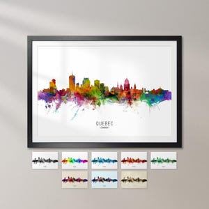 a framed watercolor painting of the skyline of Montreal, Canada, with various color variations of the cityscape.