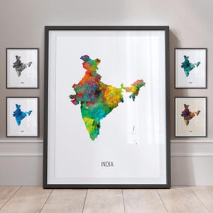 Mapa da Índia, pintura em aquarela, impressão de arte, pôster MX (10850)