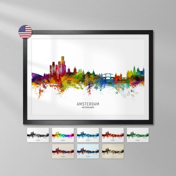 Amsterdam Skyline Netherlands, Cityscape Painting Art Poster Print YX (6605)