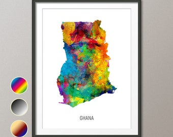 Ghana Map, Watercolour Art Print Poster, Colour, Black White, Beige (10837)