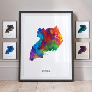 Póster con impresión artística de pintura en acuarela con mapa de Uganda MX (10962)