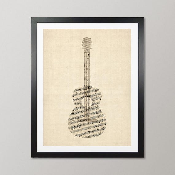 Acoustic Guitar, Old Sheet Music Instrument Collage, - Art Print