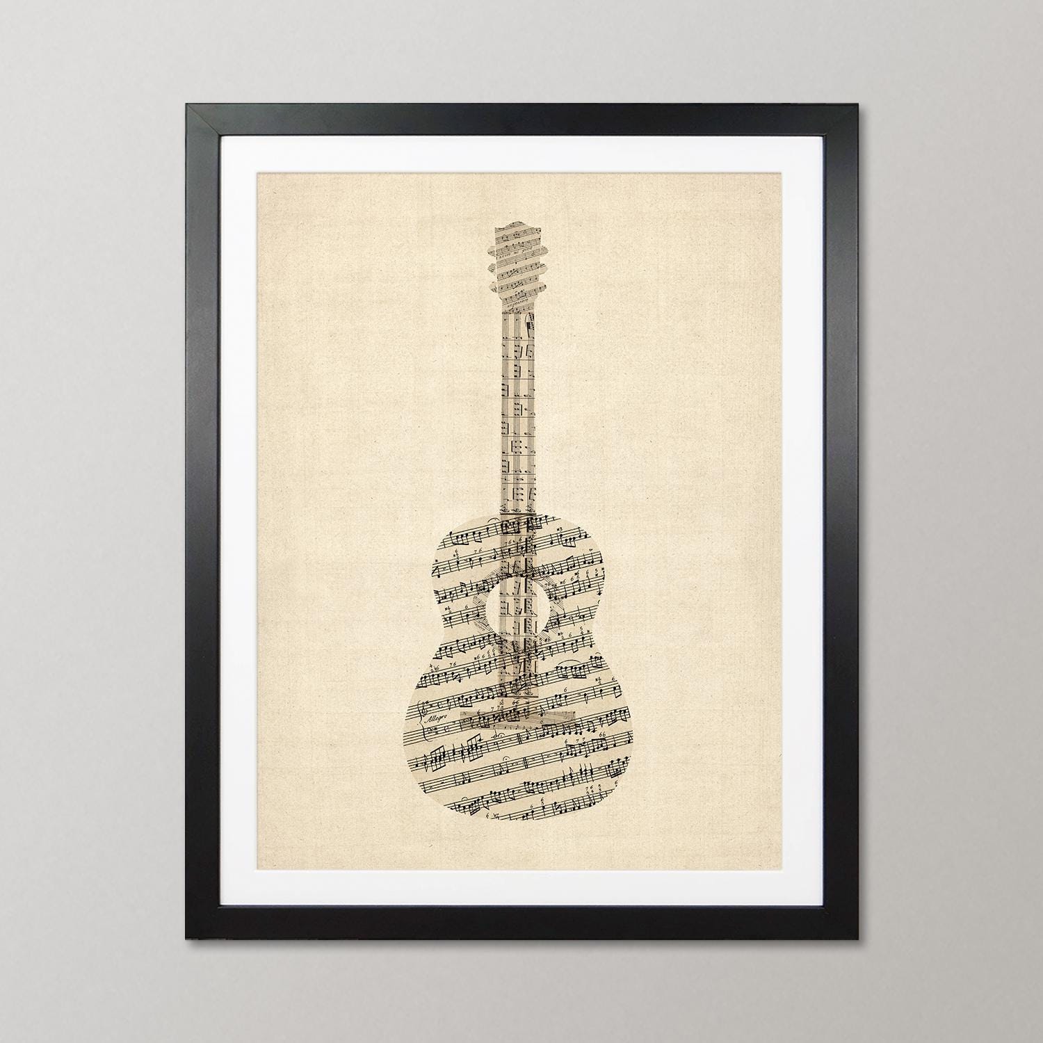 Acoustic Guitar, Old Sheet Music Instrument Collage, - Art Print