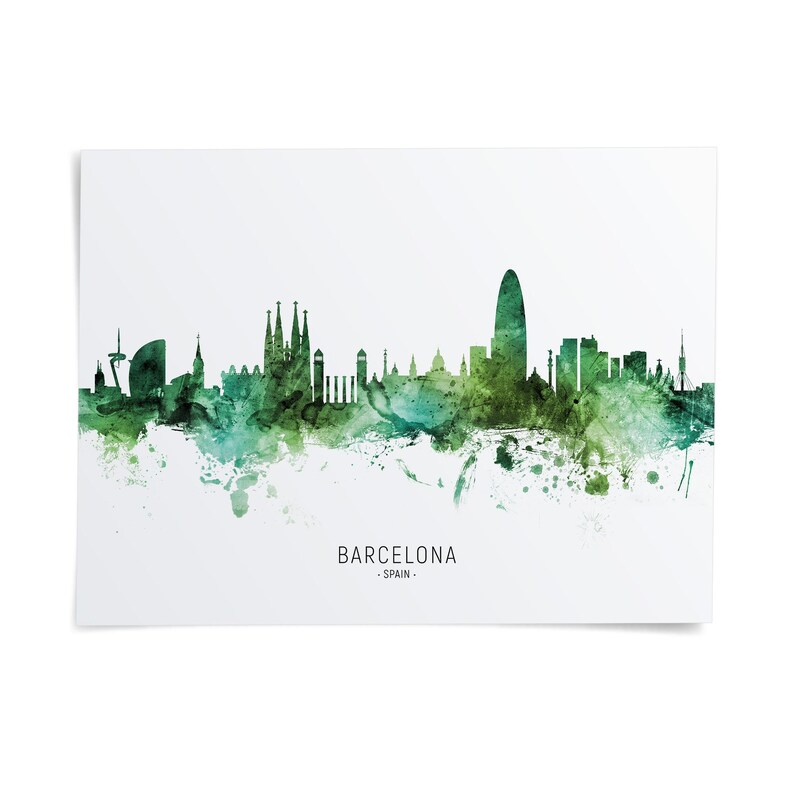 The image is a watercolor illustration of the Barcelona skyline, featuring the city's iconic landmarks and architecture in a stylized, green-tinted manner.