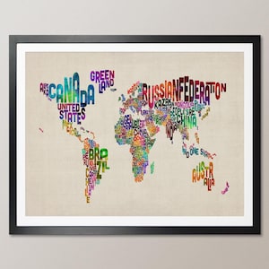 Carte avec texte typographique de la carte du monde, impression d'art (889)