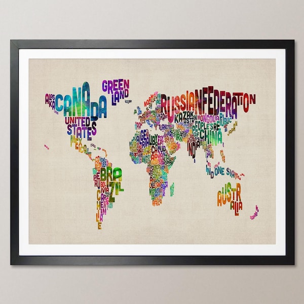 Typographic Text Map of the World Map, Art Print (889)