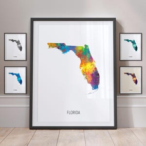 Kaart van Florida, Amerikaanse staat aquarel schilderij Art Print poster MX (22991)