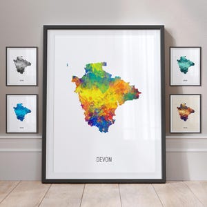 May include: A colorful watercolor map of Devon, England, with the word "Devon" printed below the map.