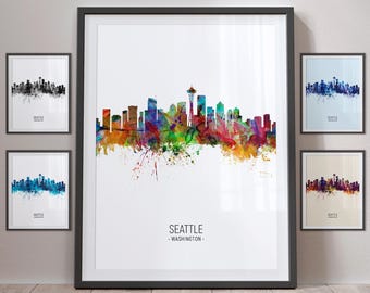 Seattle Skyline, Washington Cityscape Art Print Poster Portrait - PX (4924)
