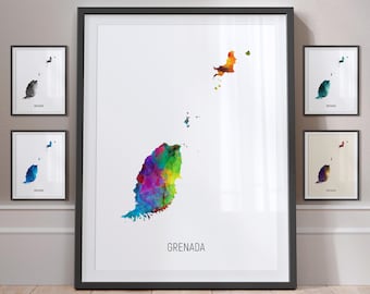 Grenada Map, Watercolour Painting Art Print Poster, Portrait - MX (10839)