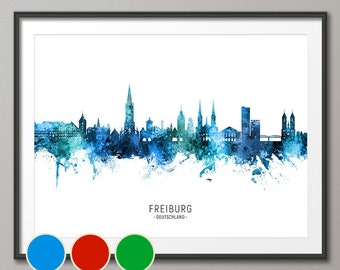 Freiburg Skyline Deutschland, Cityscape Art Poster Print Blue Red Green (20853)