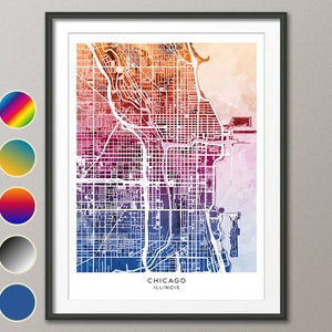 Carte de Chicago, carte de la ville de l'Illinois, affiche d'impression d'art à l'aquarelle (31234)