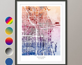 Chicago Map, Illinois City Map, Watercolour Art Print Poster (31234)