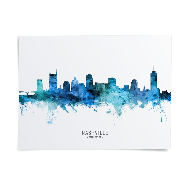 A watercolor-style illustration of the Nashville skyline, with the city's distinctive buildings and landmarks depicted in shades of blue and green.