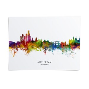 The image is a colorful, abstract representation of the skyline of Amsterdam, Netherlands.