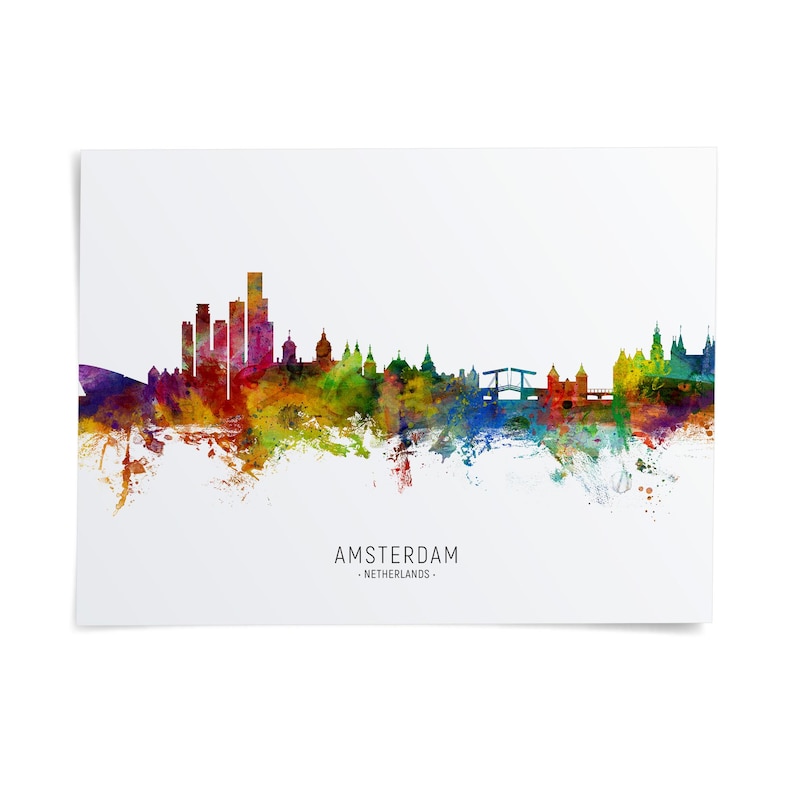 The image is a colorful, abstract representation of the skyline of Amsterdam, Netherlands.
