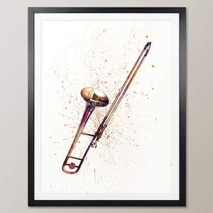 Trombone, abstracte aquarel muziekinstrument kunstafdruk (8742)