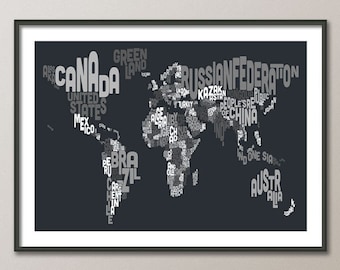 Typographic Text Map of the World Map, Art Print (890)