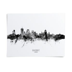 the skyline of Quebec, Canada, with a black and white watercolor-style illustration of the city's architectural features.