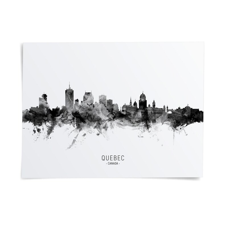 the skyline of Quebec, Canada, with a black and white watercolor-style illustration of the city's architectural features.