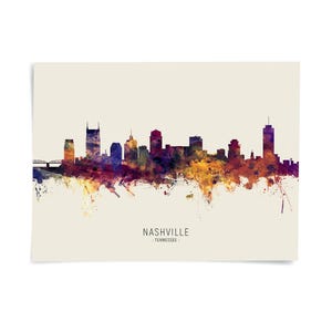A colorful, abstract representation of the Nashville skyline, with the city's iconic buildings and landmarks depicted in a watercolor-like style.