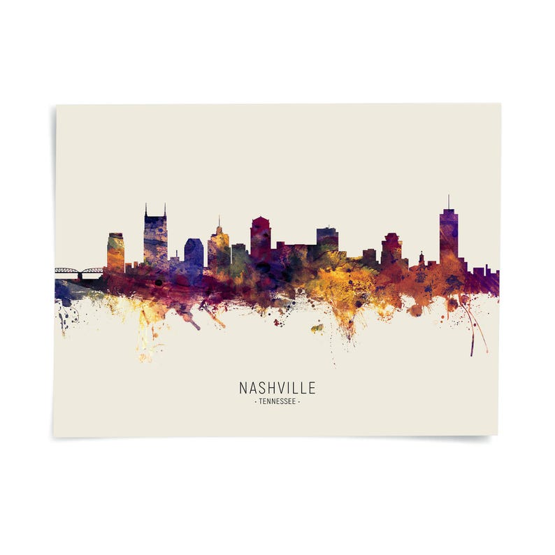 A colorful, abstract representation of the Nashville skyline, with the city's iconic buildings and landmarks depicted in a watercolor-like style.