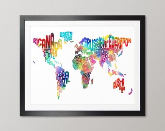 Typography Text Map of the World, Art Print Poster (187)