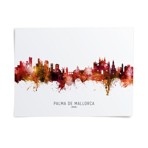 the skyline of Palma de Mallorca, Spain, with a colorful and artistic representation of the city's architectural landmarks and structures.